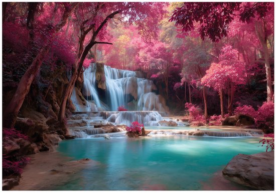 Une cascade luxuriante avec de l'eau turquoise au milieu d'arbres et de rochers roses et luxuriants.