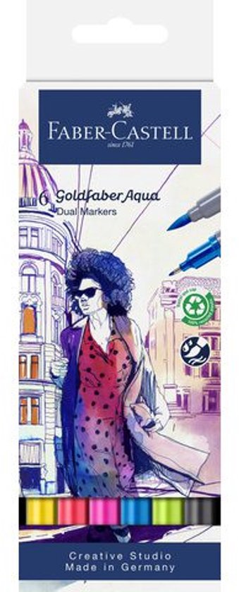 Emballage de 6 marqueurs doubles Faber-Castell Goldfaber Aqua avec illustration d'une femme et d'un chariot.