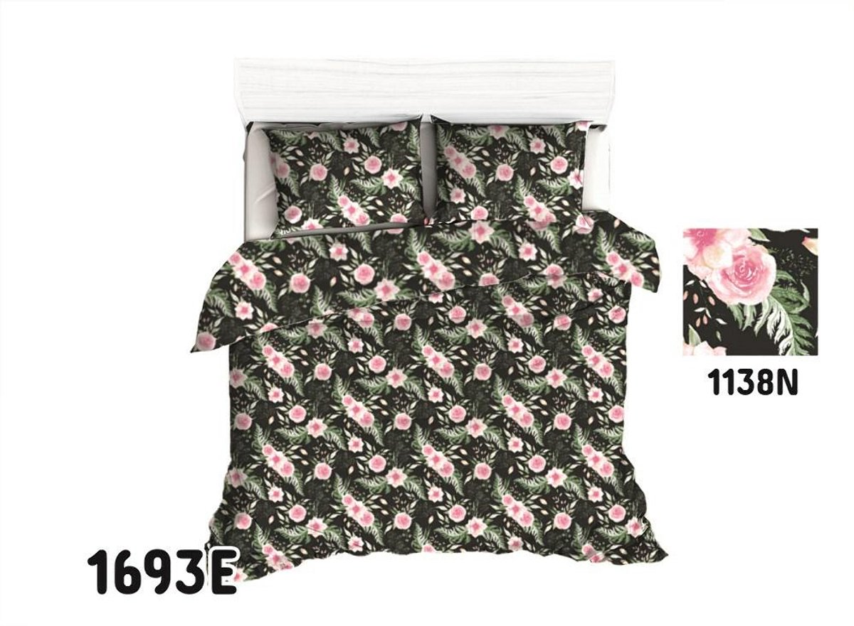 Extrapościel Serie 1136N - Dekbedovertrek - Rozetten Zwart - Roze Bloemen - 160x200 cm