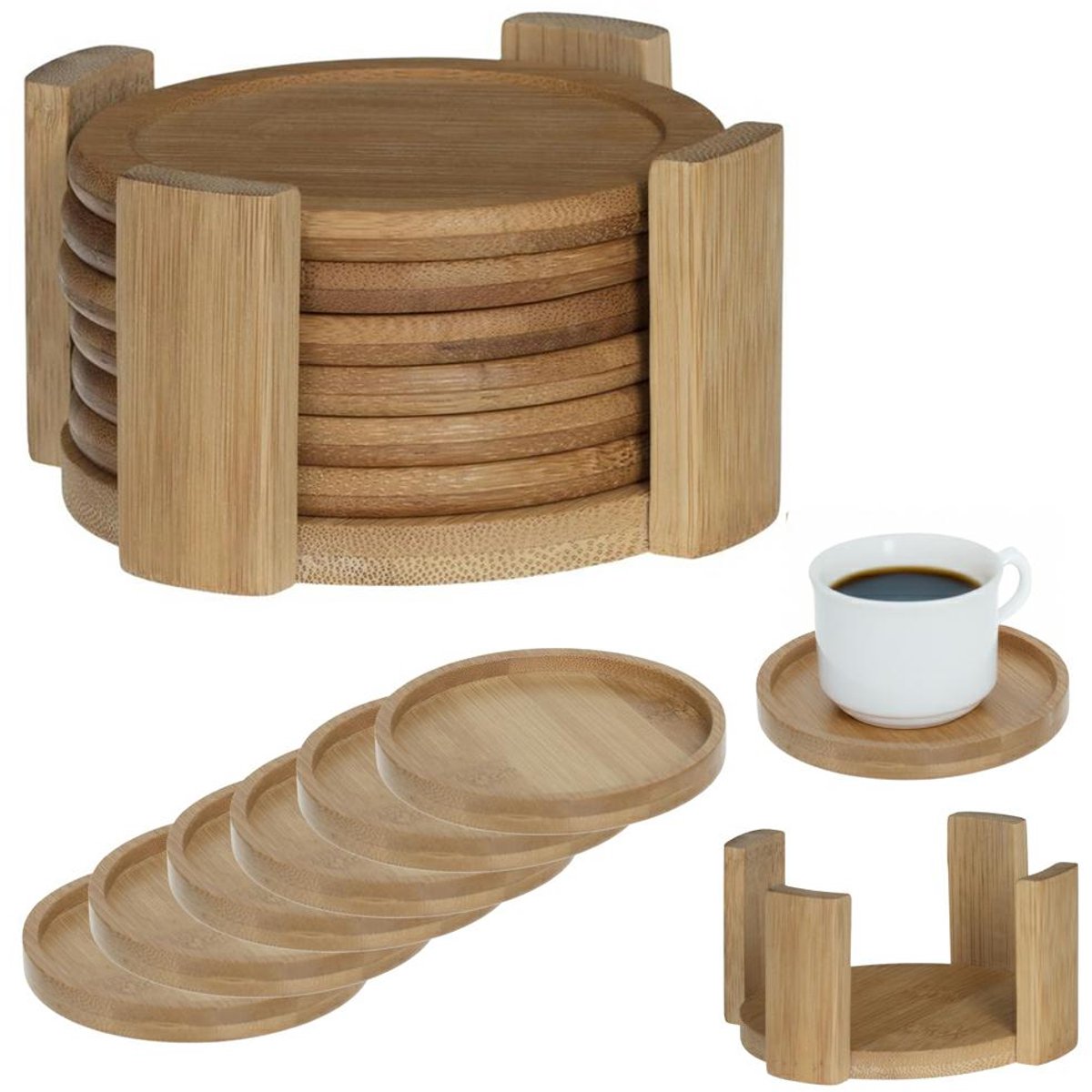 HowHomely - Bamboe Onderzetters Set - 6 Stuks - Met Standaard