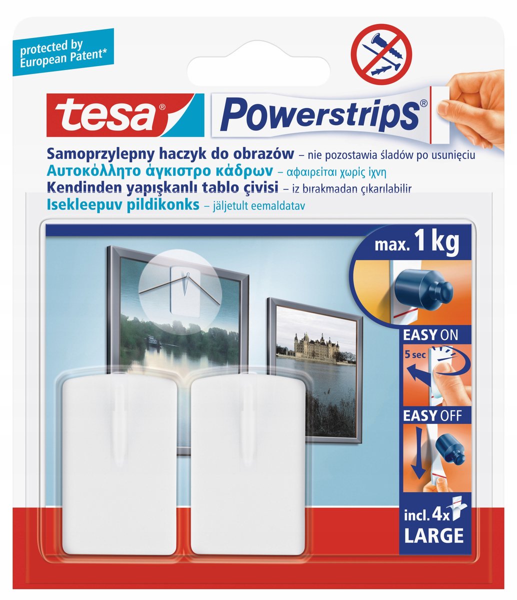 Tesa POWERSTRIPS - Ophanghaken - Wit - 1kg Draagkracht - Herbruikbaar