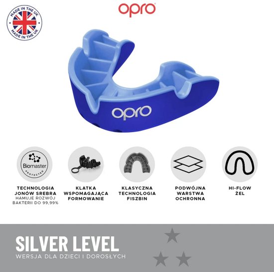 Opro Silver Level mondbeschermer in blauw met iconen voor zilverionentechnologie en dubbele bescherming.