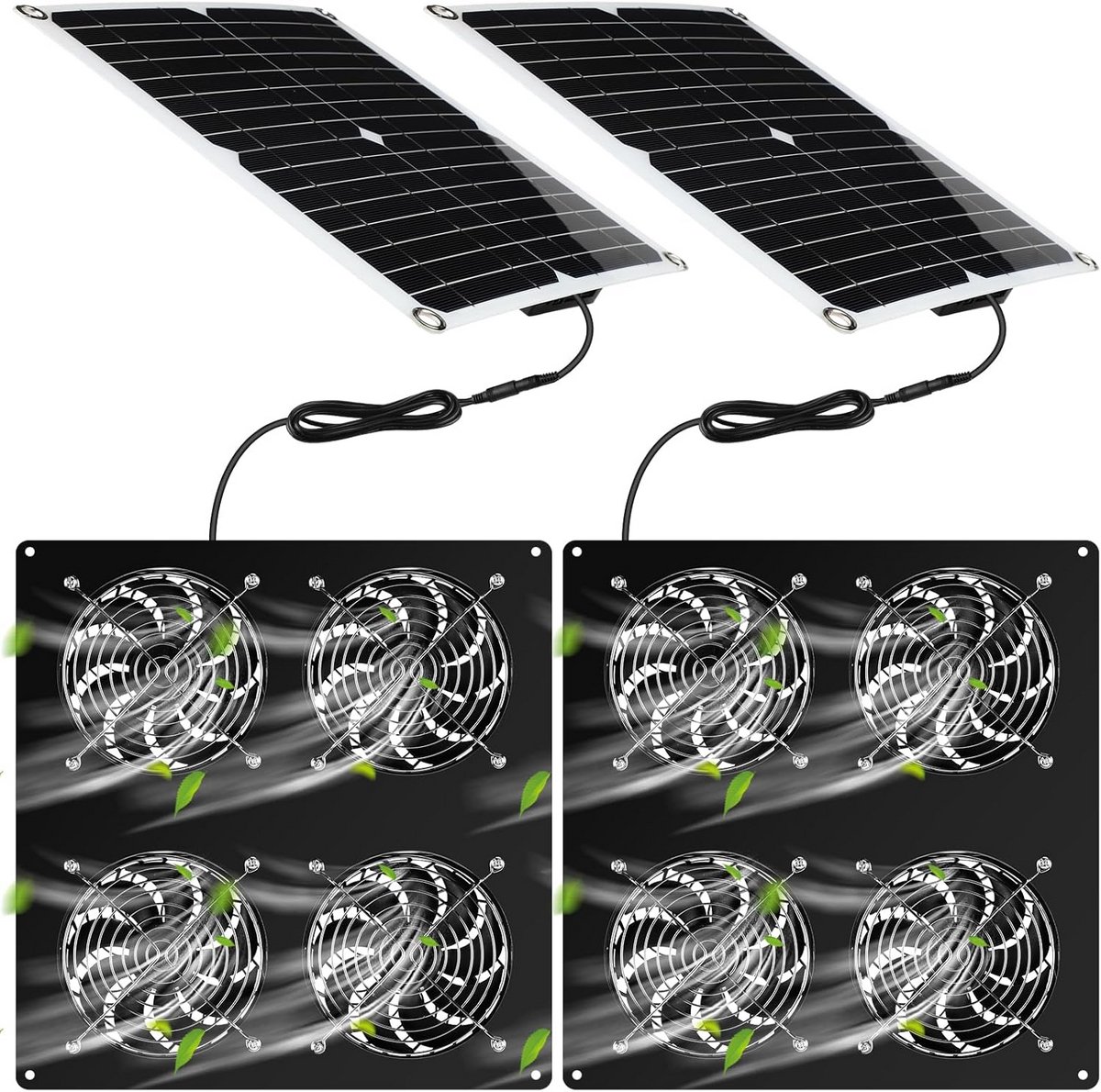 Draagbare Set van 2 Zonnepanelen met 4 USB-Ventilatoren voor Ventilatie in Kippenhok, Kas of Tuinhuisje