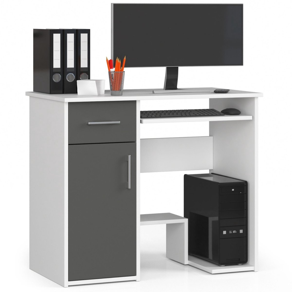 Bureau JAY met 1 Lade / Computerbureau / Computer Tafel / Bureautafel / Wit - Grafietgrijs / 90 x 74 x 50 cm