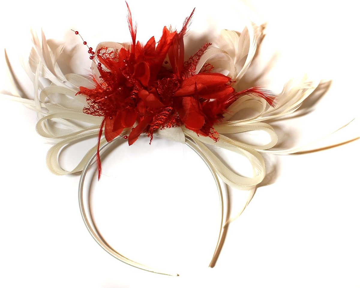 Elegante Ivoor en Rode Haaraccessoire met Veer voor Feest of Ceremonie