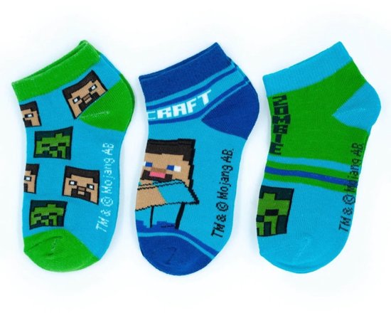 Chaussettes Minecraft - 35/38 - Chaussettes basses - 3 paires - Pour enfants - Chaussettes pour garçons - Bleu/vert