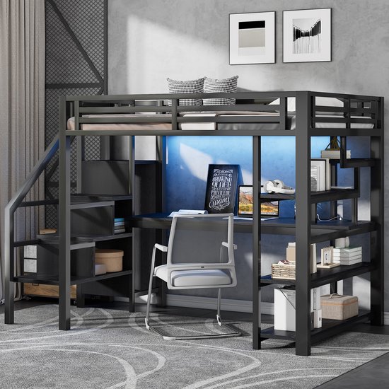 MODFU Luxe Gaming Hoogslaper (140x200) - Tweepersoons Loftbed met L-Bureau, App-Gestuurde LED & Kast - Zwart Metaal