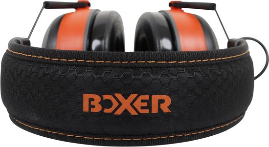 Zwarte oorwarmers met oranje accenten, een gewatteerde hoofdband met oranje stiksels en "BOXER" logo.