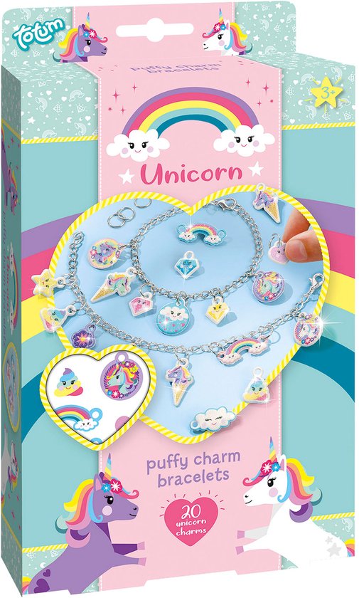 Doos van Totum 'Unicorn puffy charm bracelets' knutselset, met eenhoorns, regenbogen en een assortiment bedels.