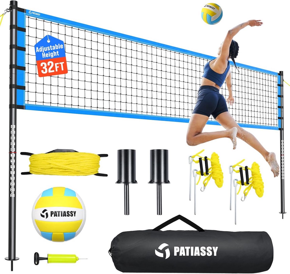 In hoogte verstelbare volleybalset voor strand en tuin