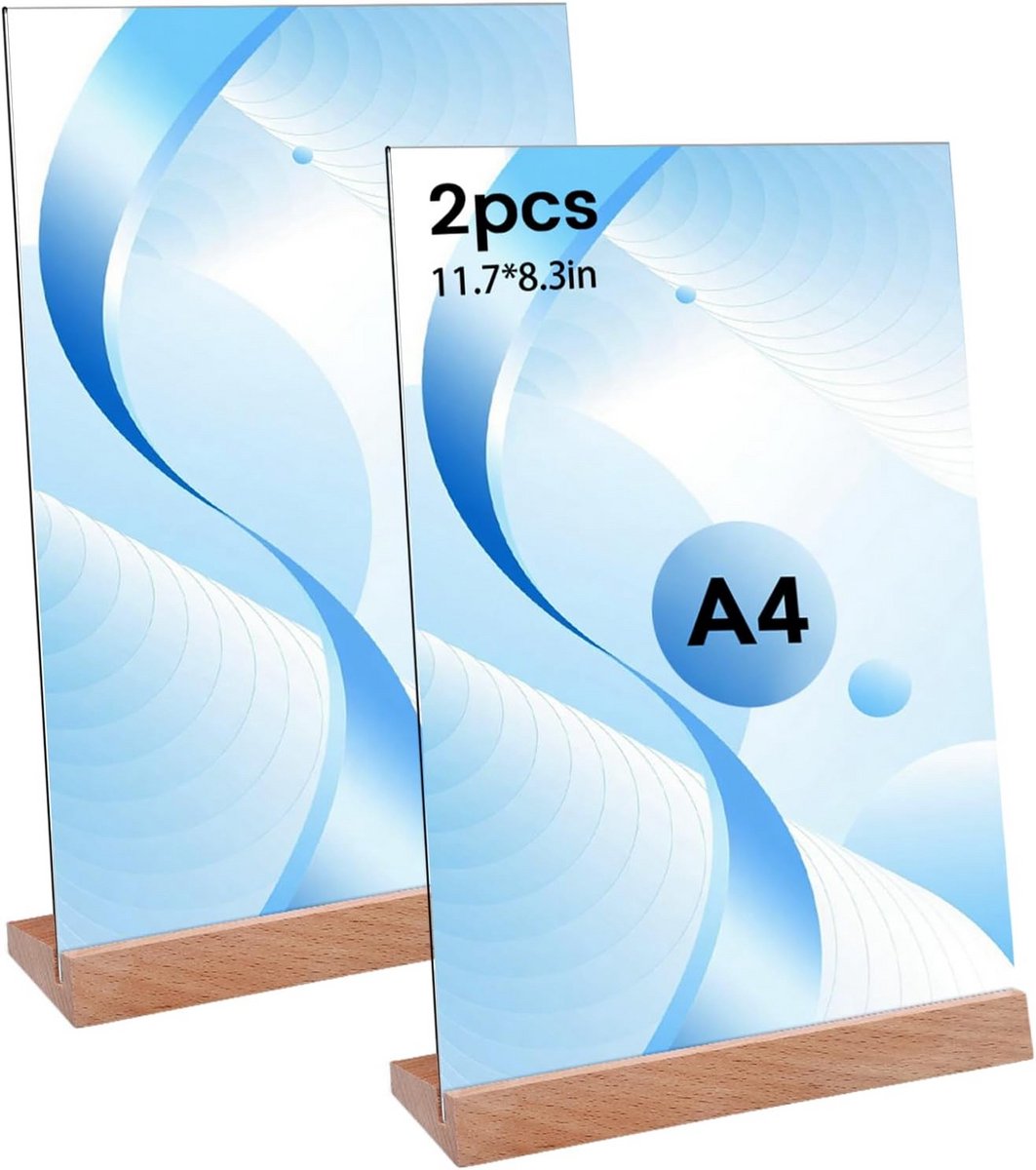 2x Dubbelzijdige Tafelstandaard A4 Acryl met Houten Voet voor Prijskaarten en Menu's