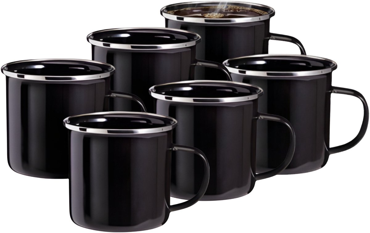 Redcliffs Drinkmokken - 10x stuks - zwart - 350 ml - emaille - kamperen/outdoor - mokken/bekers