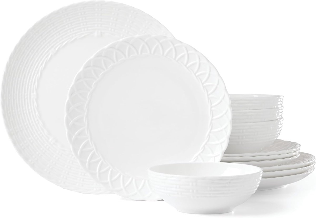 Serviesset 12-delig - Diner set - Tafeldekken - Geweven riet textuur - 11 inch bord - Wit