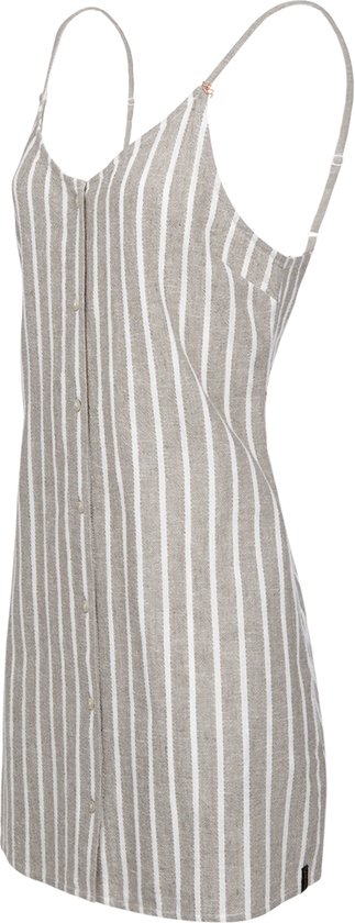 Robe grise à rayures, vue de côté, avec bretelles réglables et boutons.