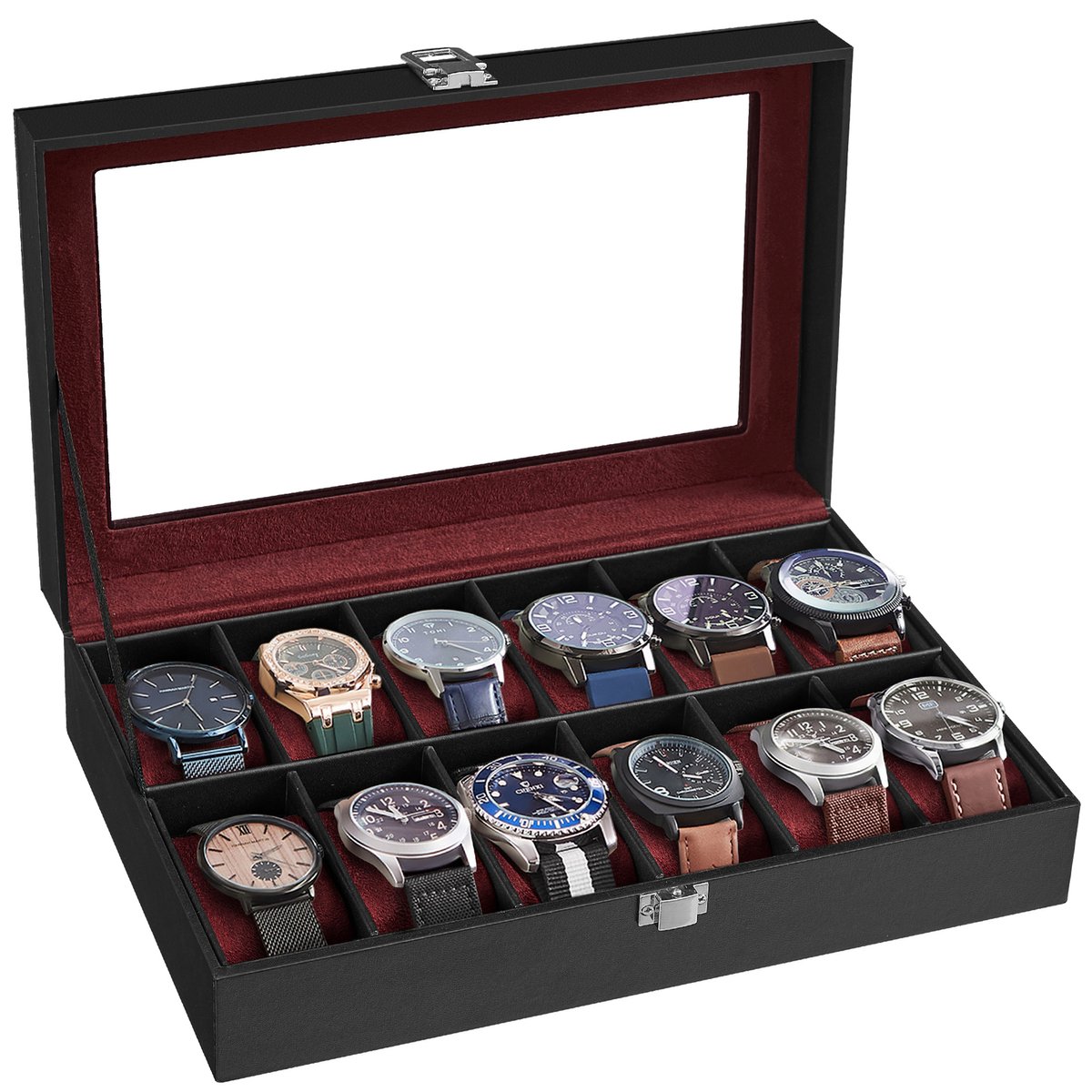 SONGMICS JWB120R01 - Horlogebox met 12 Vakken - Glazen Deksel - Uitneembare Kussens