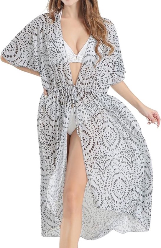 Lange strandkimono met trekkoord en asymmetrische zoom
