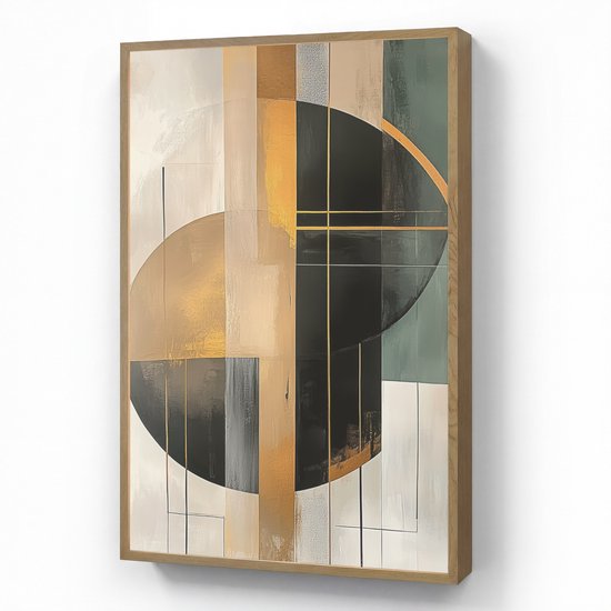 Peinture abstraite aux formes géométriques dorées, bronzes et vertes, flottant sur un mur blanc.