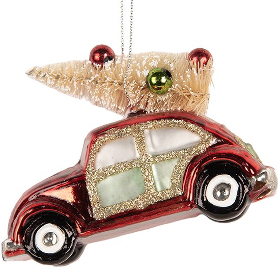 Clayre & Eef Kersthanger Auto 8x4x6 cm Rood Glas