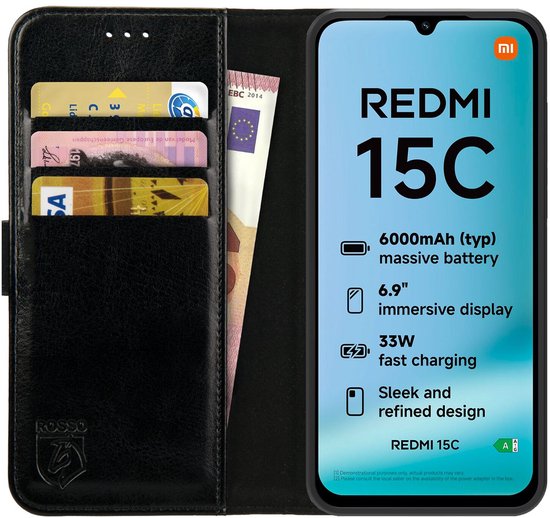 Rosso Element Adapté pour Xiaomi Redmi 15C | Étui portefeuille | Étui portefeuille | 3 passes | Fermeture magnétique | Fonction de support | Noir