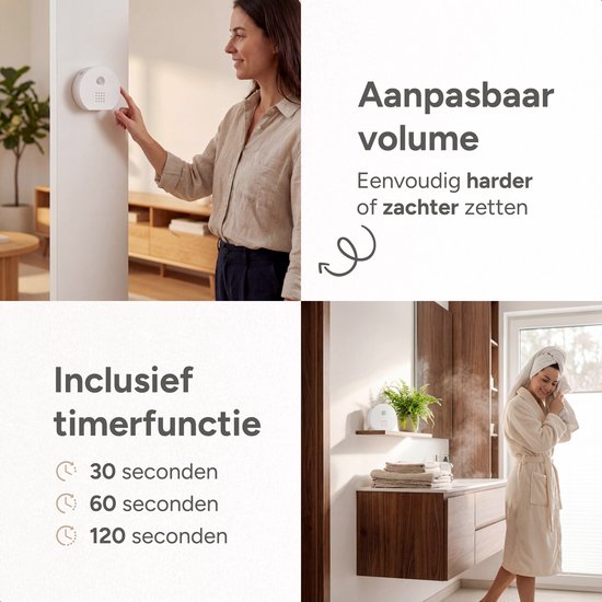 Vrouw drukt op een wit geluidshuisje met sensor aan de muur. Tekst over instelbaar volume en timerfunctie.