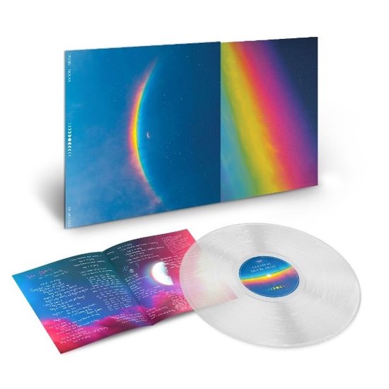 Disque vinyle avec pochette transparente, ouvert avec CD, pochette recto-verso avec logo 'Moon Music' et effet arc-en-ciel.