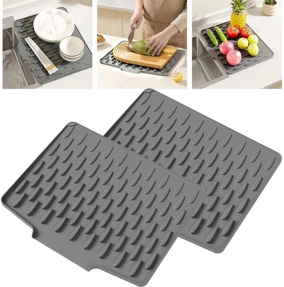 2 stuks morsvrije siliconen werkbladbeschermers, siliconen afwasmatten voor aanrechtbladen, hittebestendige en antislipmat voor druppelvrij drogen, multifunctionele opvouwbare sneldrogende mat voor aanrecht, 40 x 32,5 cm