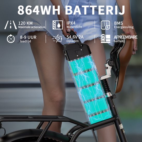 ONESPORT Elektrische Fiets –Opvouwbaar - 48V 18Ah Accu - Actieradius tot 120 km –Aluminium Lage Instap - 20×4.0 Inch Fatbike–Shimano 7 Versnellingen–Hydraulische Schijfremmen–Bluetooth Verbinding–Max. Belasting 120 kg–Stads E-bike–Zwartbruin van ONESPORT — afbeelding 4