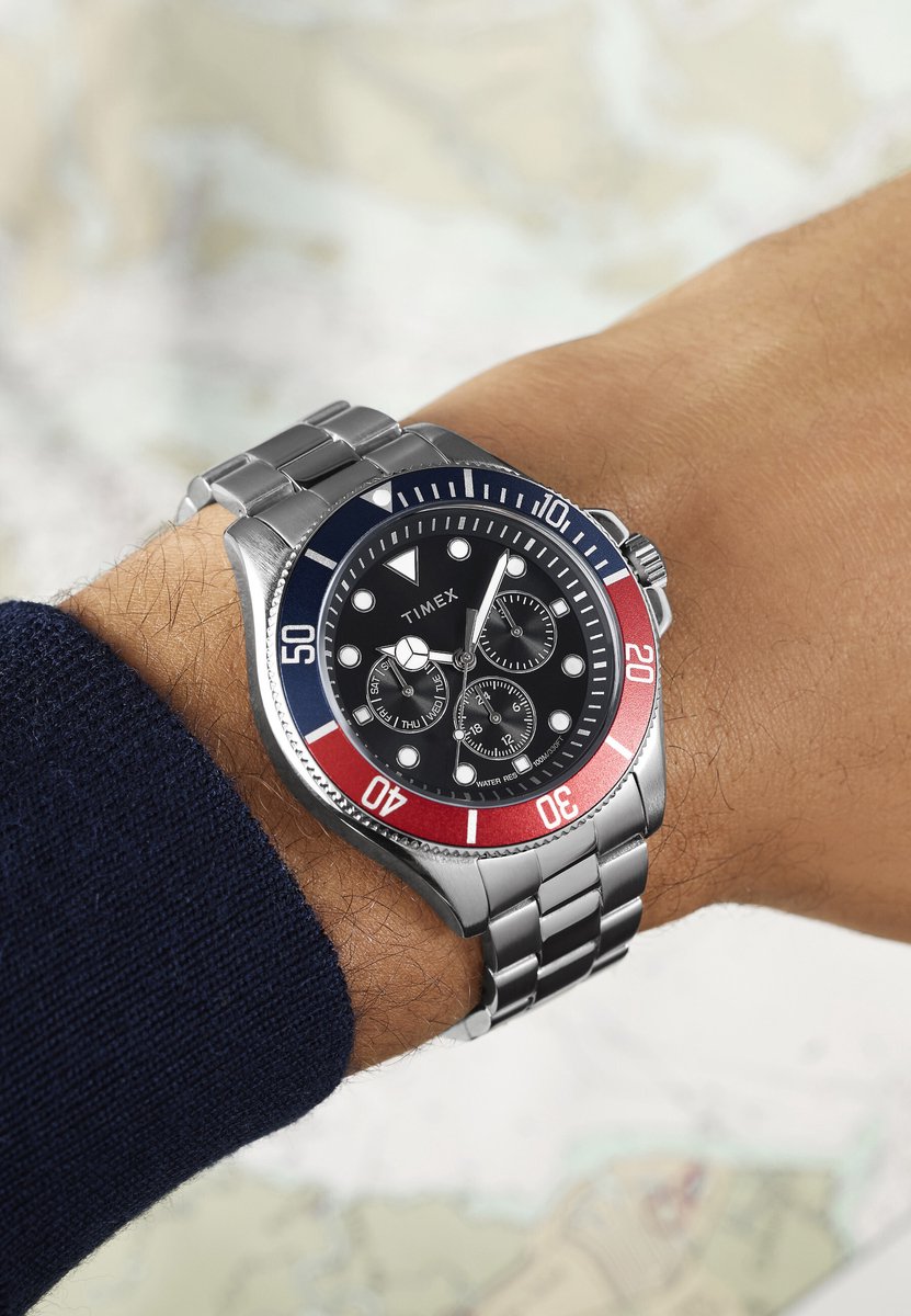Timex Harborside Coast Multifunction Quartz Analoog Horloge Zwarte En Zilveren Toon Kast: 100% Laag Lood Messing | Armband: 100% Roestvrij Staal 43 mm TW2Y33200AJ, TW2Y33300AJ