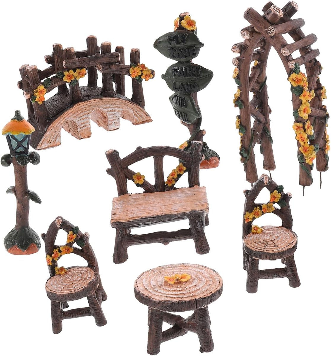 Miniatuur Tuinset - Hars Meubels - Sprookjesachtige Scène - Set Van 8 - 35 x 4 x 75 cm