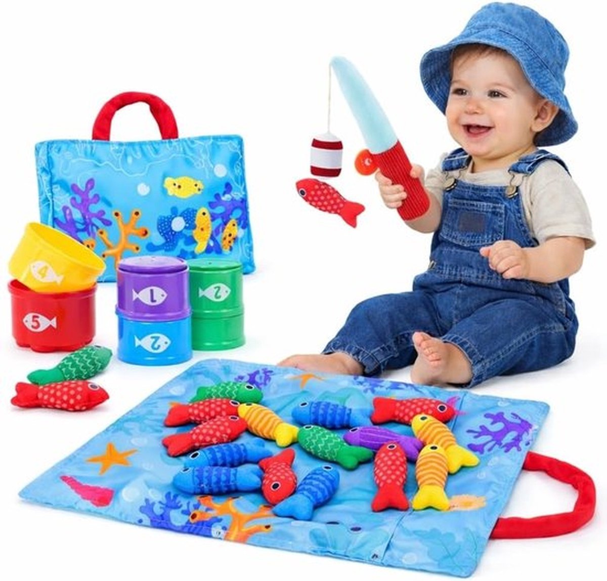 Houten & Pluche Visspel voor Peuters - Montessori Hengelspel met Stapelbekers - Educatief Speelgoed - Baby 12-18 Maanden & 1-3 Jaar - Cadeau - Kleurrijk