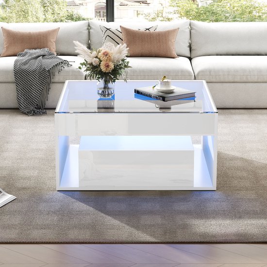 Salontafel - Wit - 2 Laden - Gehard Glas - LED - Hoogglans | bol