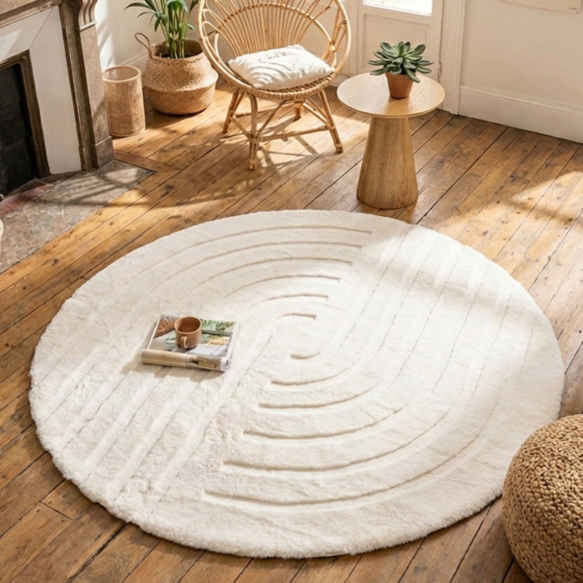 Fraai Rond hoogpolig vloerkleed - Carvy Curves Crème - Ø 80cm