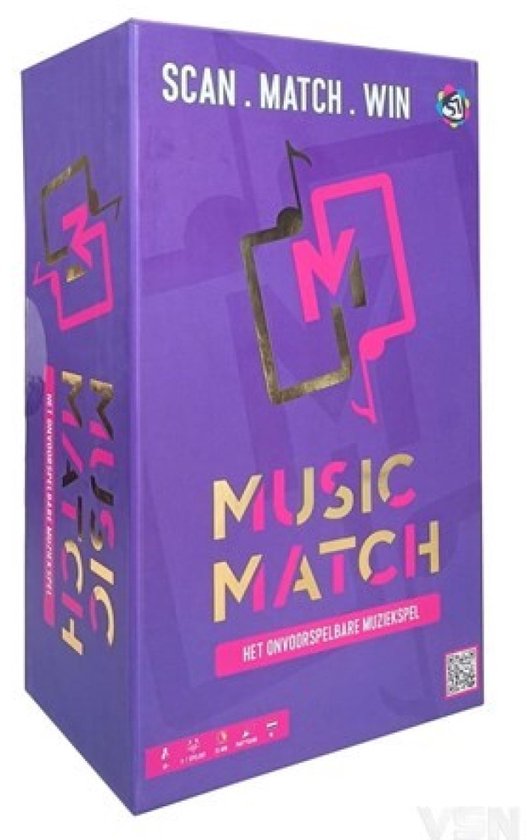 Paarse doos van het spel "Music Match" met gouden en roze letters, zijkant toont de tekst "MUSIC MATCH".