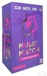 Paarse doos van het spel "Music Match" met gouden en roze letters, zijkant toont de tekst "MUSIC MATCH".
