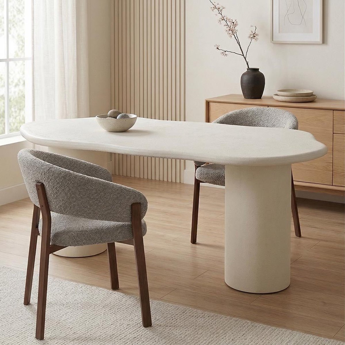 Eettafel Organisch Savannah Microcement Cilinderpoot 210 cm Wit Mahom Industrieel - Dinertafel van Mangohout & Metaal - Industriële Eettafel