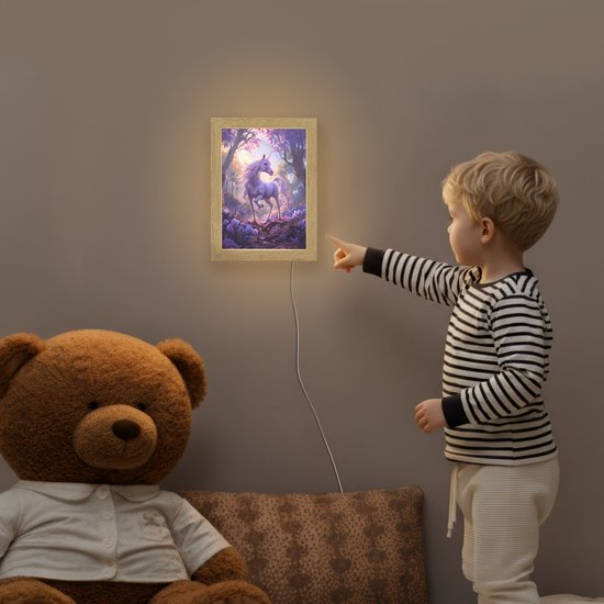 Nachtlampje 15x20 cm - Kinder lampje - Eenhoorn - Paars - Sprookje - Fantasy dier - Tafellamp kinderkamer - Slaapkamer lamp - Bedlamp kinderen - Kinderlampje stopcontact - Wandlamp babykamer - Nachtlampjes van Merkloos — afbeelding 5