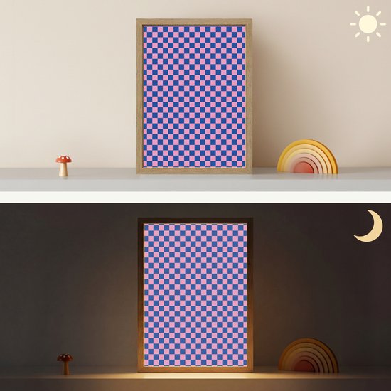 Nachtlampje 30x40 cm - Kinder lamp - Dambord - Blauw - Patroon - Roze - Tafellamp kinderkamer draadloos - Slaapkamer lampje - Bedlamp kinderen - Kinderlampje - Wandlamp babykamer - Nachtlampjes van OnlyWow — afbeelding 4