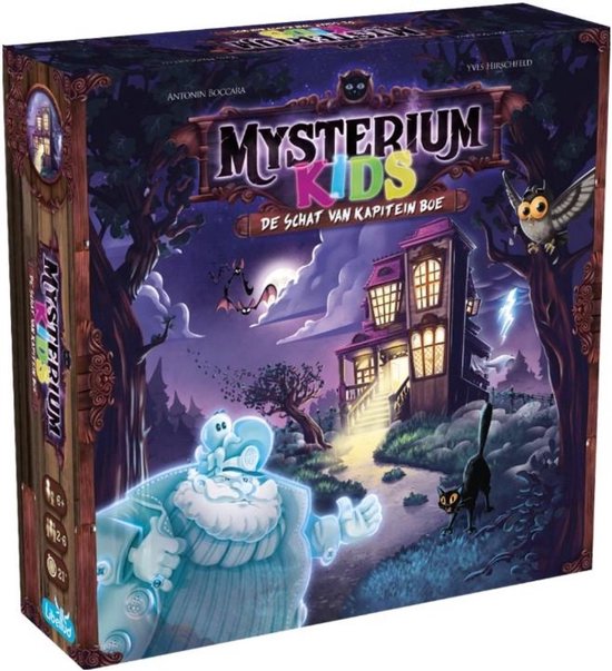 De Mysterium Kids doos toont een spookhuis met een geest, kat, uil en vleermuizen.