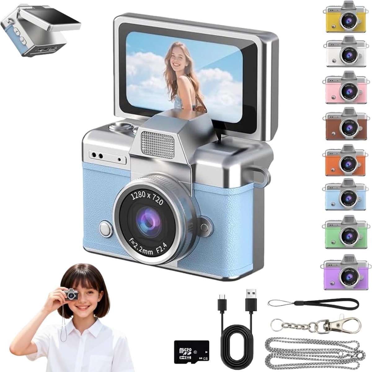 Fotocamera - Compact Camera - Voor Kinderen - Retro-Mini-Digitale-Camera - Sleutelhanger-Camera - 1080P-Full-HD - 0.96-Inch-IPS-Scherm - Inclusief-64GB-Kaart - 6-Filters - Vakantiecadeaus - blauw