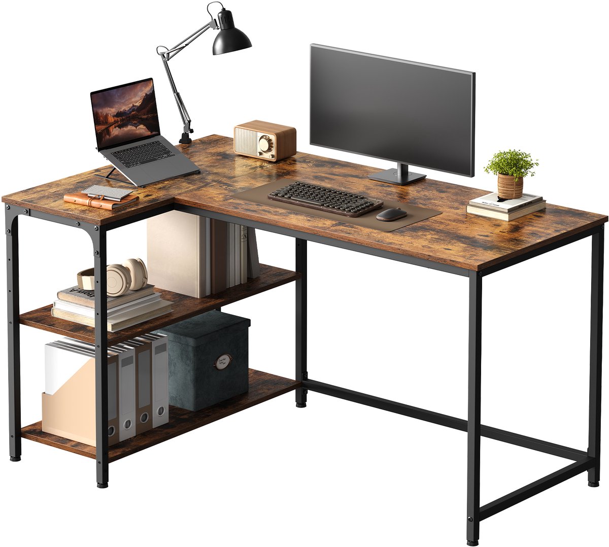 Vasagle Bureau - L-vorm Bureau - Met Opbergruimte - In Hoogte Verstelbaar - Ideaal voor Homeoffice Vintagebruin