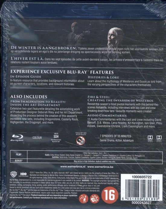 Achterkant van de Game of Thrones Blu-ray hoes met tekst over de inhoud en extra's.