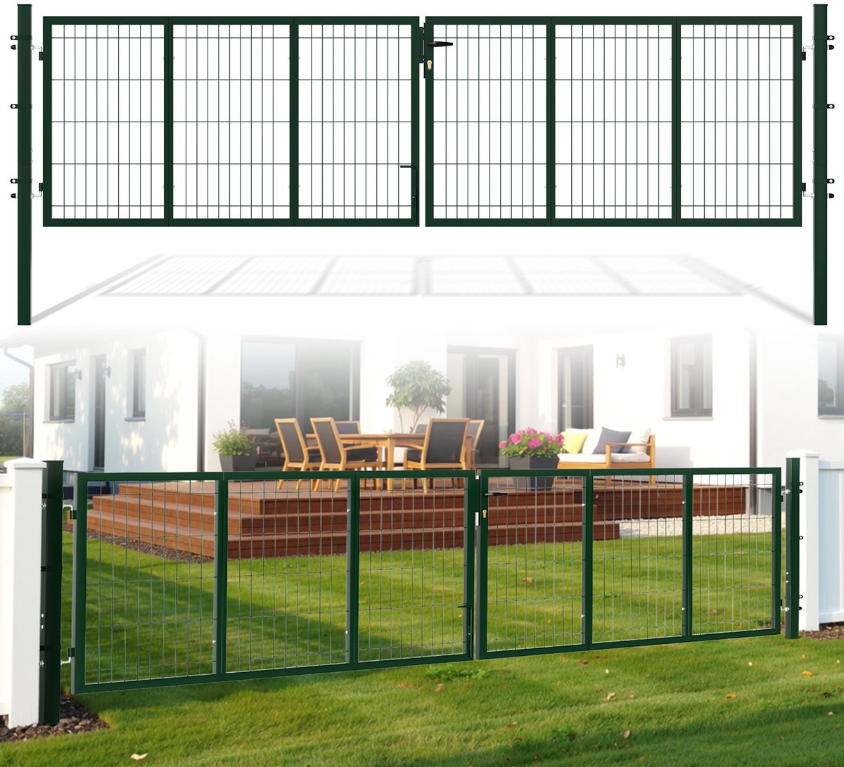 Tuinpoort - Dubbele poort - 350x100cm Groen - Gegalvaniseerd staal - Tuinpoort - incl. slo
