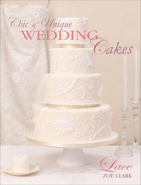 Een meerlaagse witte bruidstaart met gedetailleerd kantdecor en 'Chic & Unique Wedding Cakes - Lace' opdruk.