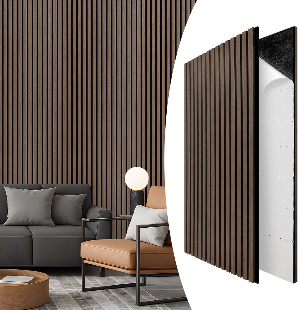 1x Zelfklevende akoestische panelen van houten latten 60 x 120 x 2,1 cm zwart notenhouten effect