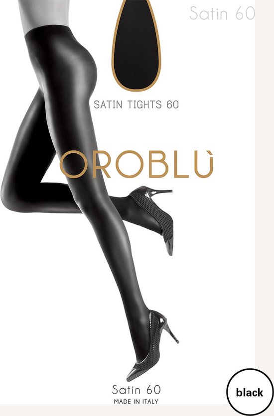 Model met zwarte Satin 60 panty van Oroblù, Made in Italy.