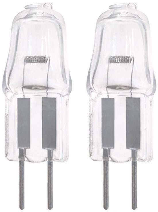 Twee G4 halogeenlampjes met glazen kap en metalen pinnen, 28W, warm wit licht.