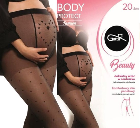 Verpakking van Gatta zwangerschapspanty's met hartjespatroon, 'delikatny wzór w serduszka' en 'comfortable gusset panel' vermeld.