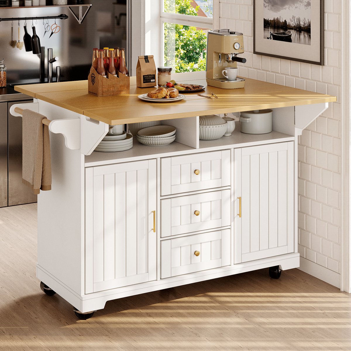 Keukeneiland - 120×40(80)×95 cm - Uittrekbare Keukenwagen + 2 Deuren & 3 Lades - Handdoekhouder & Kruidenrek - MDF - Zwart/Wit