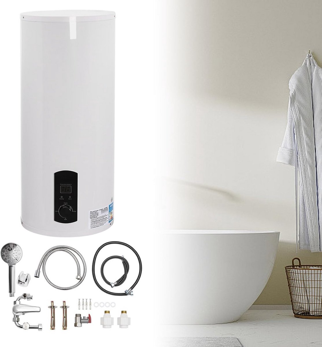 Elektrische Doorstroomboiler 60 Liter - Warm Water Wandmodel RVS Inclusief Kraan en Douchekop