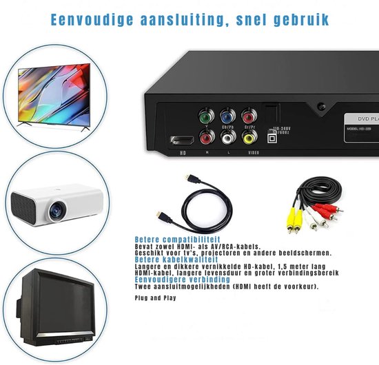 Nexvo® DVD Speler met HDMI - DVD Speler - Mini DVD Speler - 1080P Full HD - met Toebehoren - Zwart - ‎23cm x 5cm x 19cm — afbeelding 2